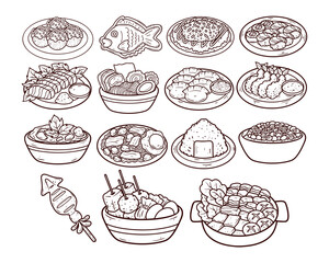 Set of Japanese food hand-drawn outline sketch illustration