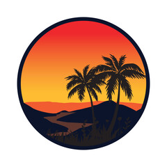 Fototapeta na wymiar Beautiful landscape with ocean and palm trees vector illustration logo