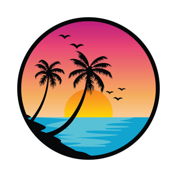 Gradient beach sunset landscape with palm tree background