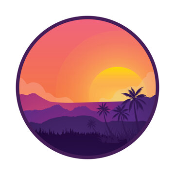 Vector purple sunset on the background of palm silhouettes. California beach, summer vacation backdrop for design. Tropical sunset scene for traveling design.