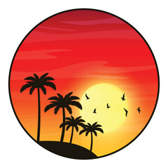 Fototapeta na wymiar Summer vacation on tropical beach Sunset label, with Palm trees, vector illustration