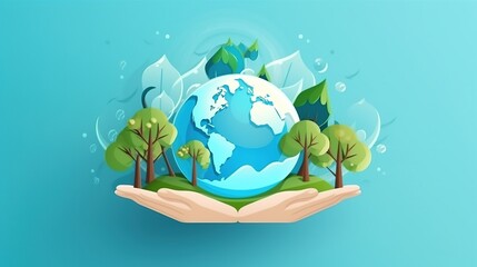 World water day concept, Human hands holding earth globe and tree , copy space banner, ai generative
