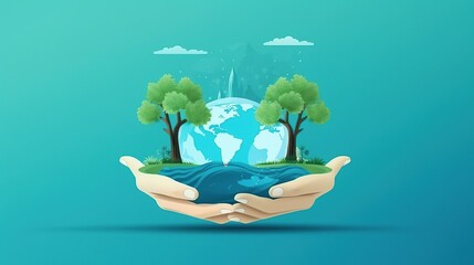 Obraz na płótnie Canvas World water day concept, Human hands holding earth globe and tree , copy space banner, ai generative