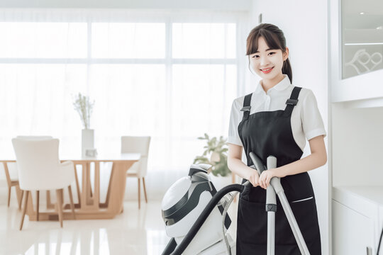 An Asian maid in a graceful dress smiles brightly as she prepares to clean the opulent room in front of her. generative AI