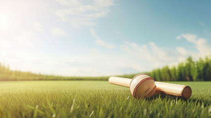 An illustration of cricket sport gear laying on green grass against a blue sky background. A.I. generated.
