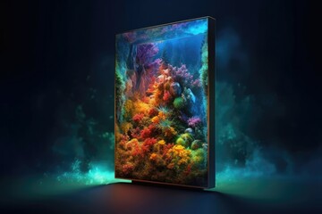The glowing OLED screen displayed vivid colors and crisp images, immersing the viewer in a digital world. Fantasy future concept. Generative AI