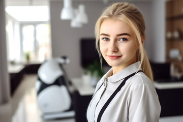 Fototapeta premium A beautiful international blonde maid stands proudly in front of a luxurious room, ready to perform her cleaning duties with precision and grace. generative AI.