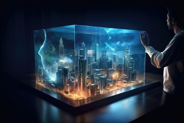 The holographic display projected a three-dimensional image, hovering in mid-air like a buildings in the city, fantasy future concept. Generative AI