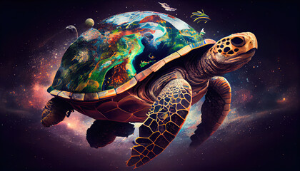 Giant space turtle carrying earth on its back is wandering in space. Generative AI