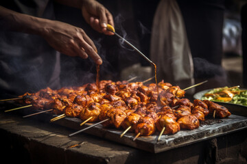 Chicken kebab on barbecue, street food, Generative AI