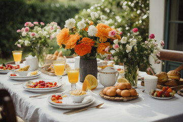 Brunch table with flowers, Generative AI