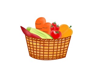 Fresh fruits and vegetables in a basket of substances on a white background.