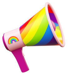 Isolated rainbow megaphone on a transparent background for for LGBTQIA+ Pride month celebration. Cut out object in 3D illustration