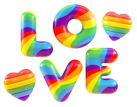 Isolated rainbow LOVE letters and hearts on a transparent background for LGBTQIA+ Pride celebration. Cut out object in 3D illustration
