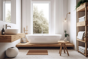 White and wooden bathroom interior design, Generative AI