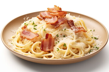 A plate of pasta with bacon and parmesan cheese. Generative AI.