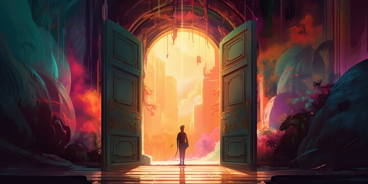 Enigmatic Scene Of A Person Walking Through A Door Into A Vibrant, Otherworldly Realm, Symbolizing The Power Of Imagination, Concept Of Creative Transformation, Created With Generative AI Technology