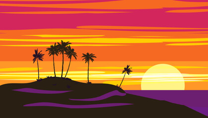 Tropical sunset summer beach landscape. Exotic scene, palms silhouette, sundown, ocean, sea banner - obrazy, fototapety, plakaty