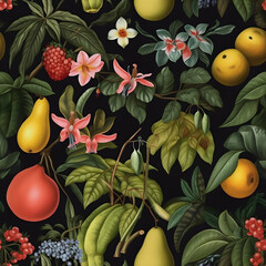 Seamless vintage botanical fruit pattern on dark background