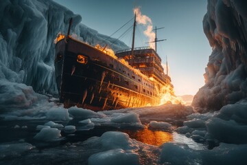 Abandoned ice ship in flames, sinking amidst winter glacier ice. Generative AI