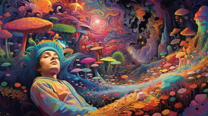60s psychedelic drug trip with person laying in foreground with closed eyes and colorful mushrooms, made with generative ai