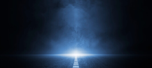 Abstract technology, dark blu empty street, asphalt floor, studio room with smoke floating up the interior texture, transportation  background, neon light, spotlight, laser, future digital technology