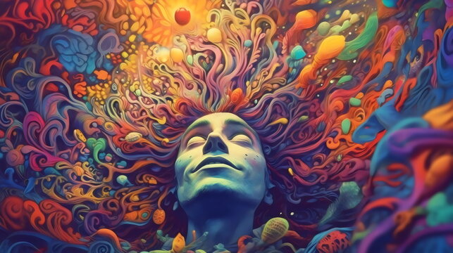 psychedelic drug trip with person in foreground with closed eyes, made with generative ai
