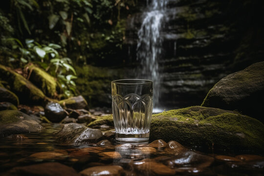 A glass sitting on a rock in front of a waterfall, Generative AI © M2L