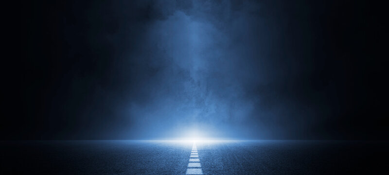 Abstract technology, dark blu empty street, asphalt floor, studio room with smoke floating up the interior texture, transportation  background, neon light, spotlight, laser, future digital technology