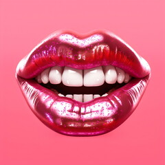 Obraz premium mouth, metallic pink lips and teeth isolated on pink background, made with generative ai