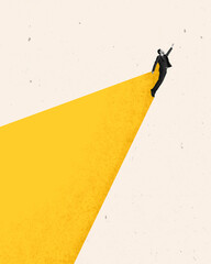 Contemporary art collage with one happy businessman levitating with sunlight over light background....