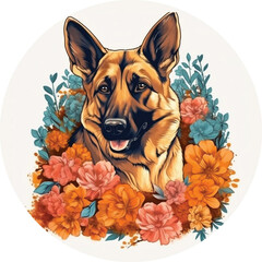 A beautiful artwork of a German Shepherd dog surrounded by magnificent flowers