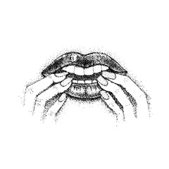 Bite Nails Dotwork. Raster Illustration of Mouth Lips and Fingers. Hand Drawn Sketch.