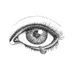Crying Eye Dotwork. Raster Illustration of Human Vision and Tear Drop. Tattoo Hand Drawn Sketch.