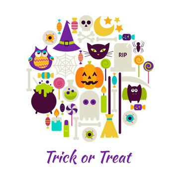 Trick or Treat Objects over White. Vector Illustration of Halloween isolated Items Set.