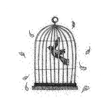 Bird in a Cage Dotwork. Raster Illustration with Feathers. Tattoo Hand Drawn Sketch.