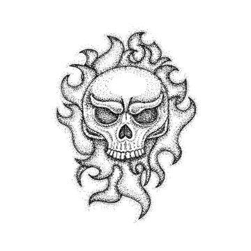 Human Skull with Fire Flame Dotwork. Raster Illustration of Boho Style T-shirt Design. Hipster Tattoo Hand Drawn Sketch.