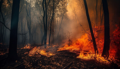 Burning forest, mystery in flames, spooky landscape generated by AI