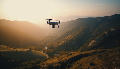 Fototapeta na wymiar Drone hovering mid air, filming mountain adventure video generated by AI
