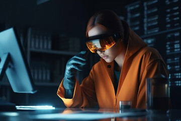 Generative AI image of young female in black gloves and yellow jacket looking down at illuminating light with futuristic AR mockup smart glass while sitting in dark room