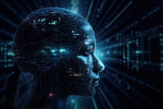 Generative AI image of futuristic woman head with glowing connections in brain looking away in digital space