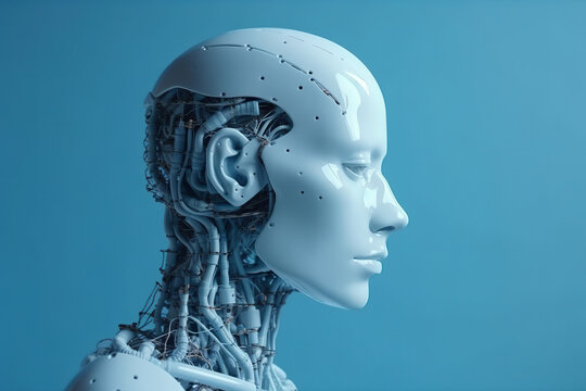 Generative AI image of side view of robot female on blue background while created with futuristic technology with wires connected from body to head
