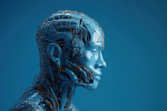Generative AI image of robot with shiny surface and long wires while connected around head and coupled with artificial intelligence on blue background