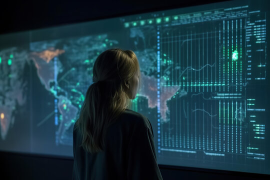 Generative AI image of back view of unrecognizable female standing in front of large monitor displaying world map with continents and observing changing statistics with neon lights
