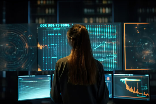 Generative AI image of back view of unrecognizable female standing in front of large monitor displaying world map with continents and observing changing statistics with neon lights