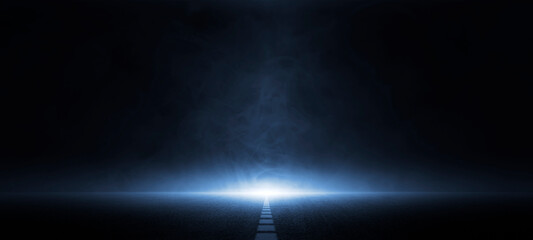 Abstract technology, dark blu empty street, asphalt floor, studio room with smoke floating up the interior texture, transportation  background, neon light, spotlight, laser, future digital technology