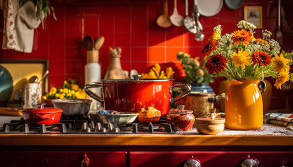 Fototapeta na wymiar Fresh vegetable casserole cooking on modern stove generated by AI