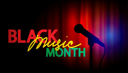 Black Music Month vector card. African-American Music concept. Microphone against the background of red curtains