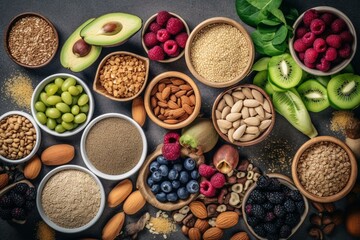 Top view of fiber-rich vegan food selection including fruits, vegetables, seeds, and superfoods, perfect for cooking. Copy space available. Generative AI