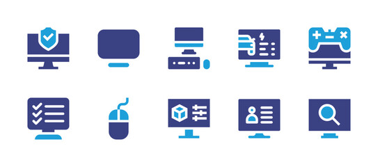 Computer icon set. Duotone color. Vector illustration. Containing cyber security, monitor, computer science, diagnostic, virtual reality, exam, mouse, settings, user, search.